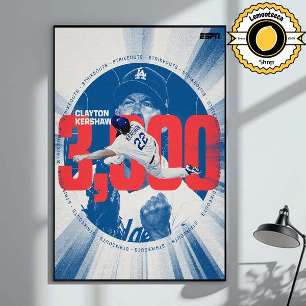 Clayton Kershaw Los Angeles Dodgers Reach 3000 Strikeouts MLB 2025 Home Decor Poster Canvas