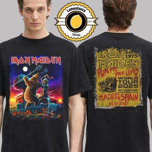 Iron Maiden Run For Your Lives 2025 Tour Madrid Tee At Riyadh Air Metropolitano In Madrid Spain On July 5 2025 Two Sided Unisex T-Shirt