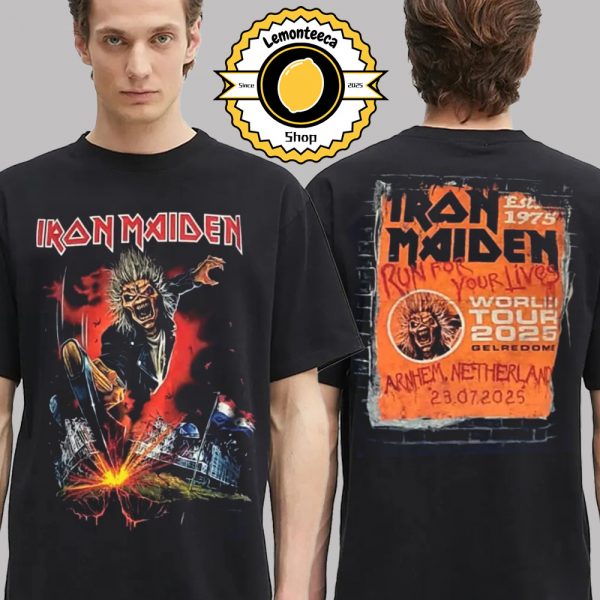 Iron Maiden Run For Your Lives Arnhem 2025 Merch Tee At Gelredome In Arnhem Netherland On July 23 2025 World Tour Two Sided Unisex T-Shirt