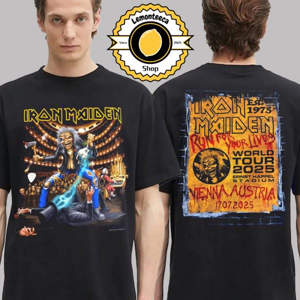 Iron Maiden Run For Your Lives For Vienna World Tour 2025 Merchandise Tee At Ernst Happel Stadium In Vienna Austria On July 17th 2025 Two Sided Unisex T-Shirt